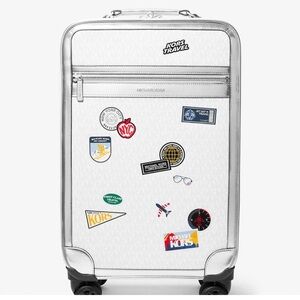Michael Kors White & Silver Rolling Carry-On with Travel Sticker Motif